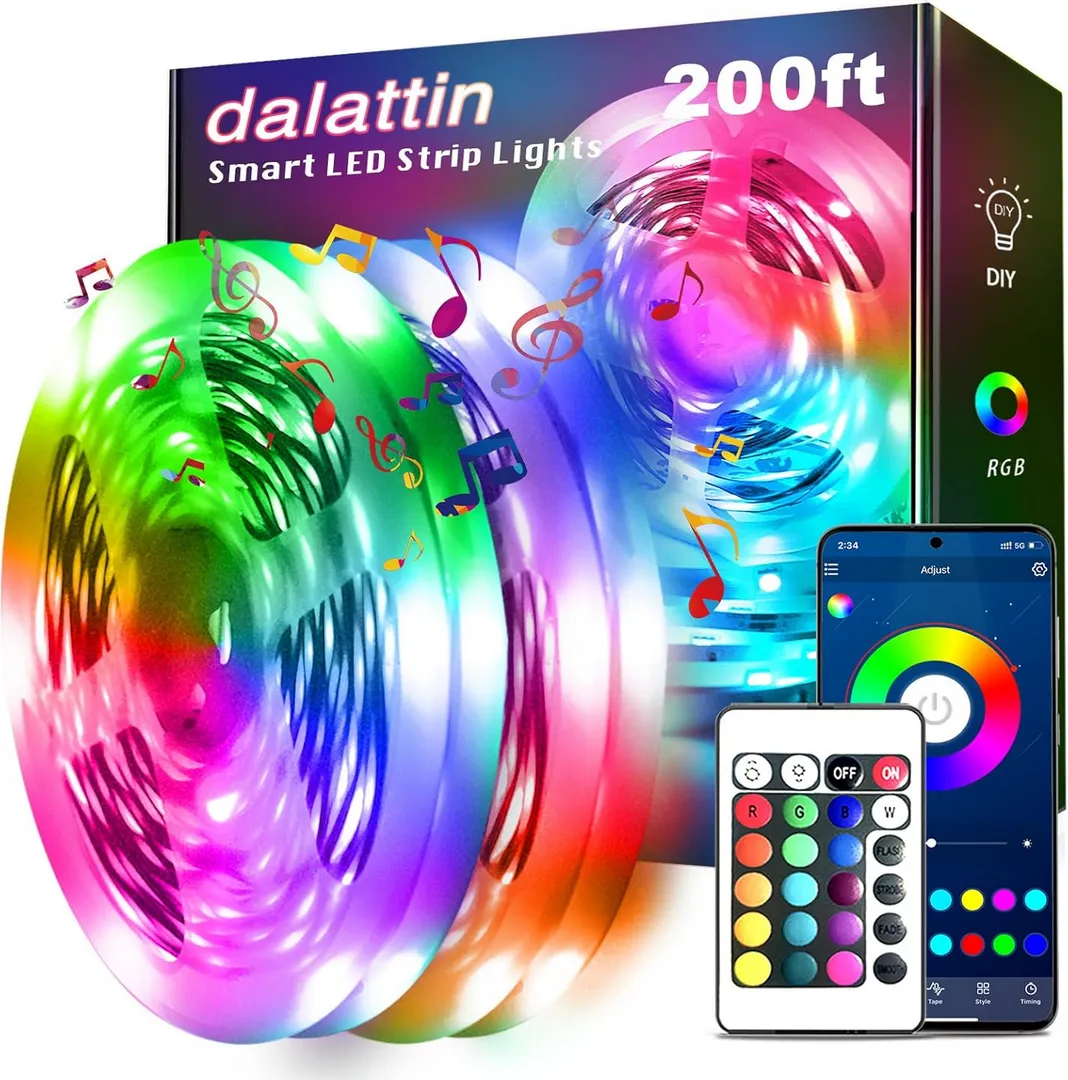 Dalattin 24V smart LED light strips, 200ft total length with RGB color-changing sync, mobile app control, and wireless remote for room decoration.