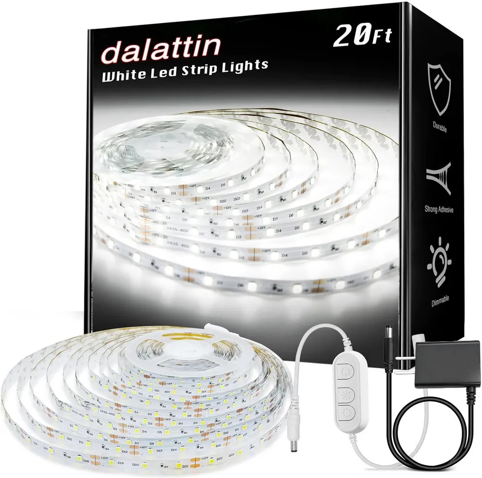 Dalattin 20ft cool white LED strip lights, 6500K dimmable 24V tape light with 360 LEDs for home decoration